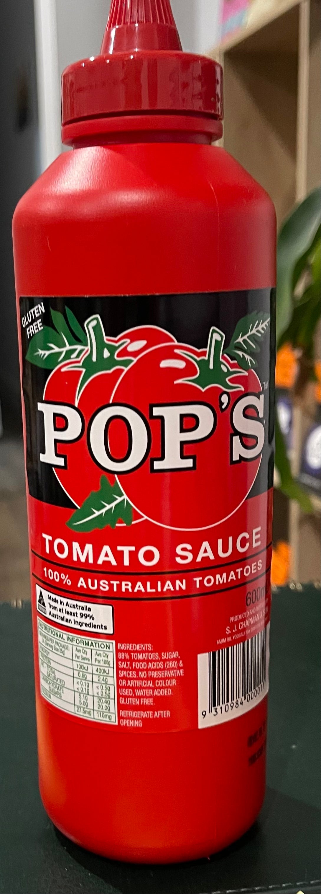 Pop's Tomato Sauce 600ml. Gluten Free