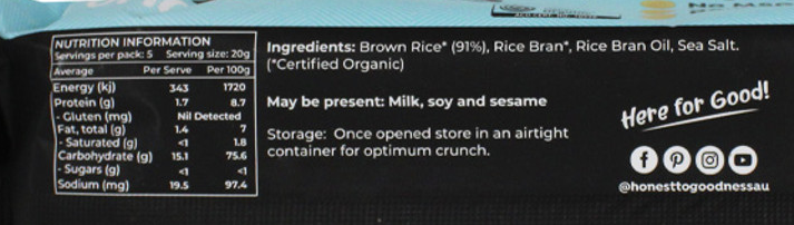Honest To Goodness Organic Brown Rice Crackers Original 100g