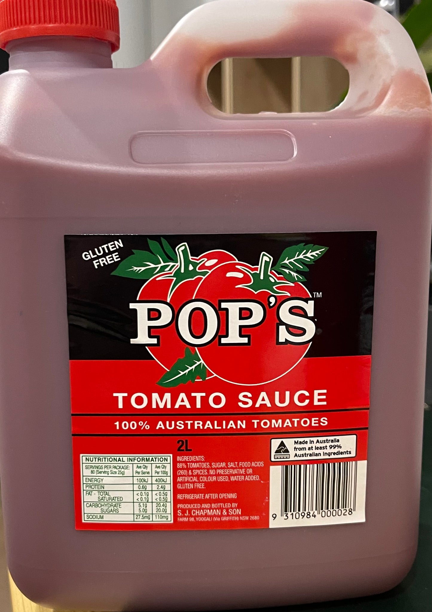 Pop's Tomato Sauce 2 litre. Gluten Free