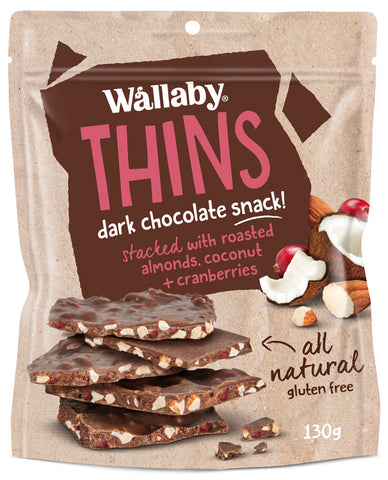 Wallaby Thins Dark Chocolate Snack with Roasted Almonds, Coconut & Cranberries - Gluten Free 150g